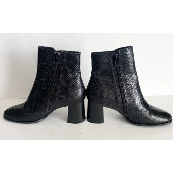 Antonio de Faria Ankle Boots Womens 8 Black Camila Snake Skin Block Heels Zip