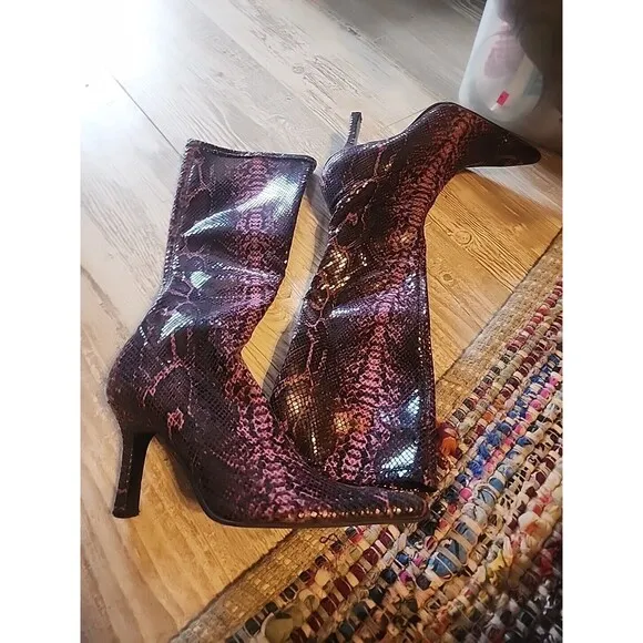 Antonio Melani Women Snakeskin Leather Tall Angela Boots Heels Pink 8M NWB