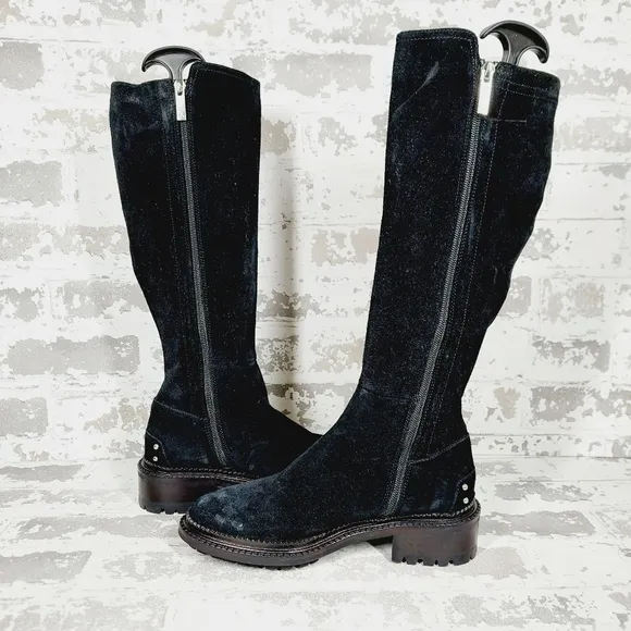 Aquatalia Black Leather Block Heel Zip Up Knee High Boots W390