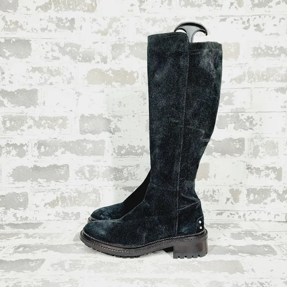 Aquatalia Black Leather Block Heel Zip Up Knee High Boots W390