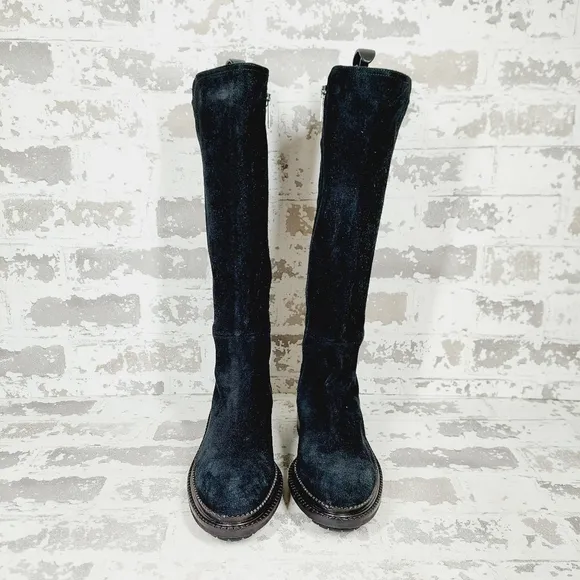 Aquatalia Black Leather Block Heel Zip Up Knee High Boots W390