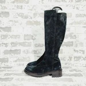 Aquatalia Black Leather Block Heel Zip Up Knee High Boots W390
