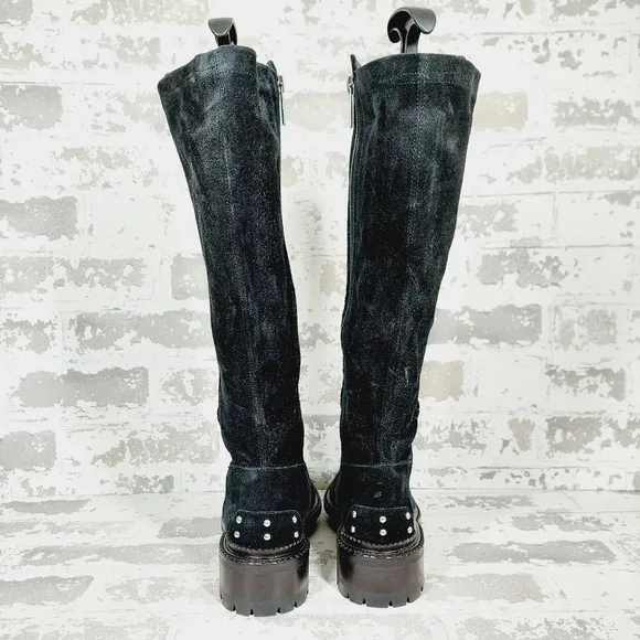 Aquatalia Black Leather Block Heel Zip Up Knee High Boots W390