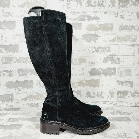 Aquatalia Black Leather Block Heel Zip Up Knee High Boots W390