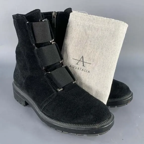 AQUATALIA Black Suede Elastic Side Zipper Ankle Boots