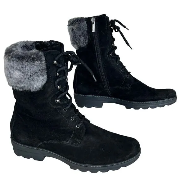 Aquatalia Boots Womens Size 8.5 Black Faux Fur Suede Lace Up Waterproof Combat