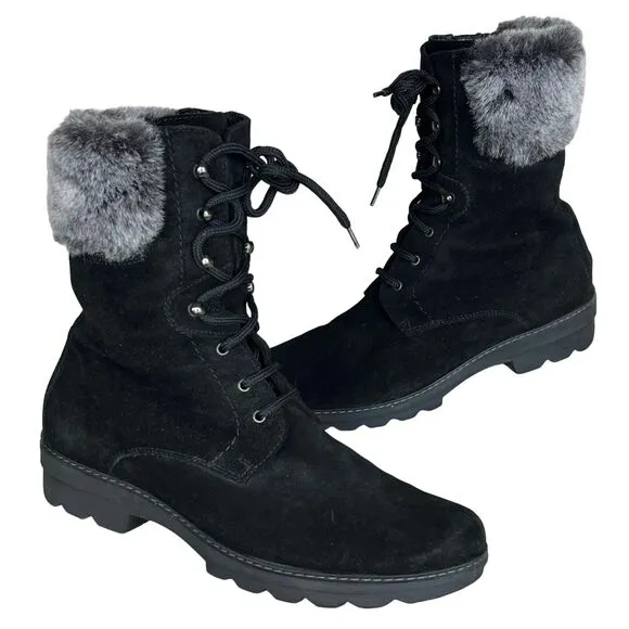 Aquatalia Boots Womens Size 8.5 Black Faux Fur Suede Lace Up Waterproof Combat