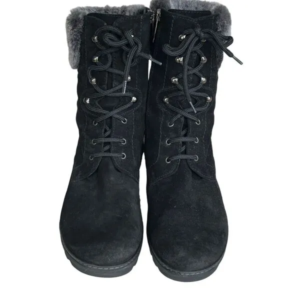 Aquatalia Boots Womens Size 8.5 Black Faux Fur Suede Lace Up Waterproof Combat
