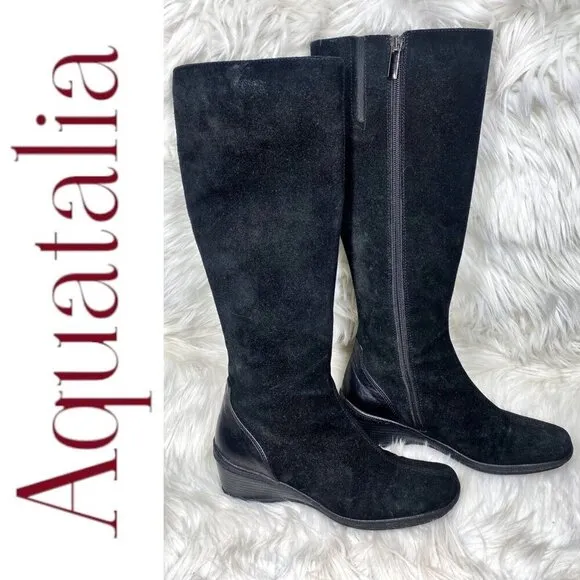 AQUATALIA BY MARVIN K Minnow Black Suede Wedge Knee High Boots, Size 6.5