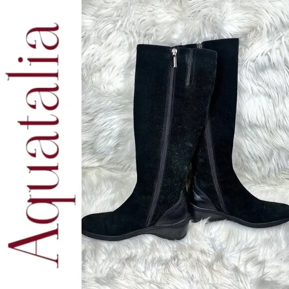 AQUATALIA BY MARVIN K Minnow Black Suede Wedge Knee High Boots, Size 6.5