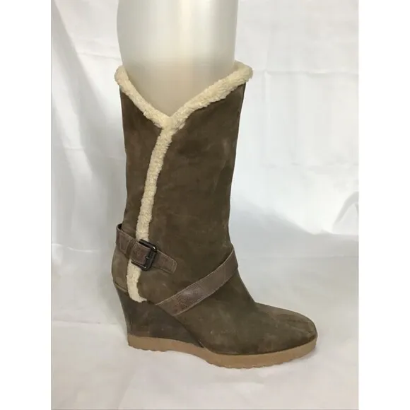 Aquatalia Women Mid Calf Wedge Leather Winter Boots Sz. 38/8.5 US Brown  EUC