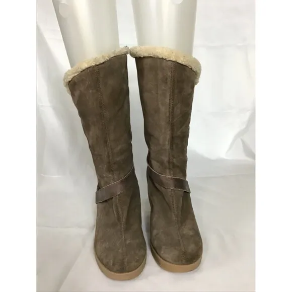 Aquatalia Women Mid Calf Wedge Leather Winter Boots Sz. 38/8.5 US Brown  EUC