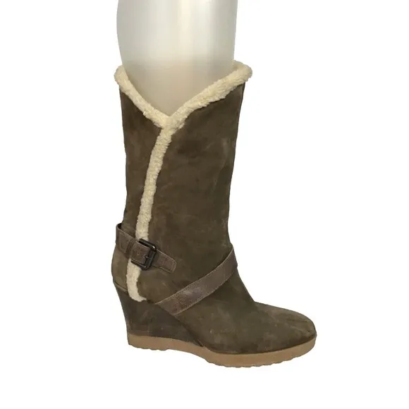 Aquatalia Women Mid Calf Wedge Leather Winter Boots Sz. 38/8.5 US Brown  EUC