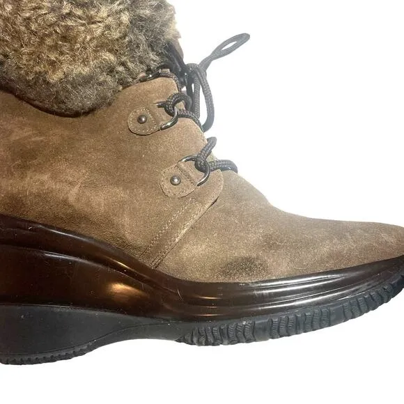Aquatalia Womens Brown Suede/Faux Fur Waterproof Wedge Boots