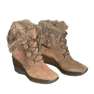 Aquatalia Womens Brown Suede/Faux Fur Waterproof Wedge Boots