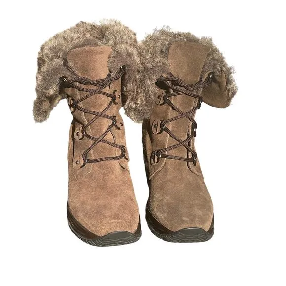 Aquatalia Womens Brown Suede/Faux Fur Waterproof Wedge Boots