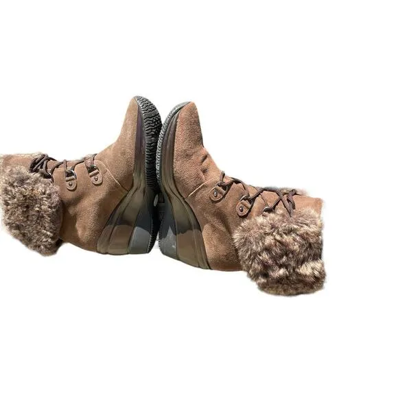 Aquatalia Womens Brown Suede/Faux Fur Waterproof Wedge Boots