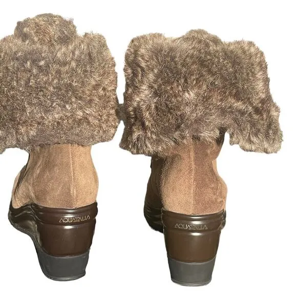 Aquatalia Womens Brown Suede/Faux Fur Waterproof Wedge Boots