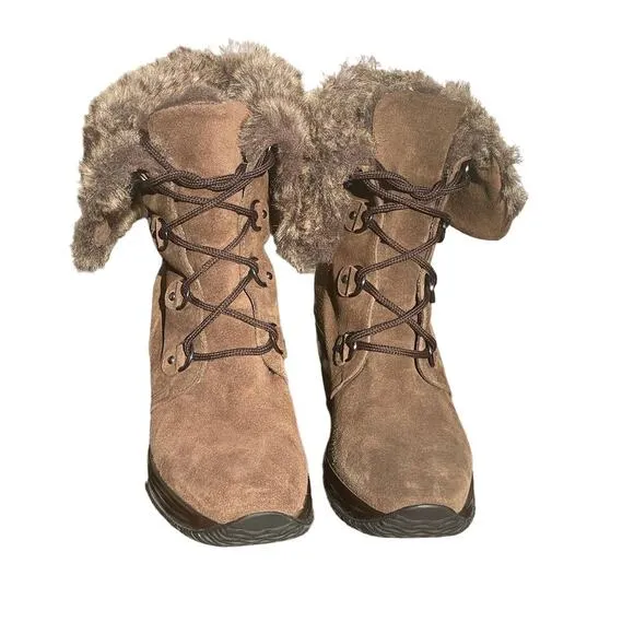 Aquatalia Womens Brown Suede/Faux Fur Waterproof Wedge Boots