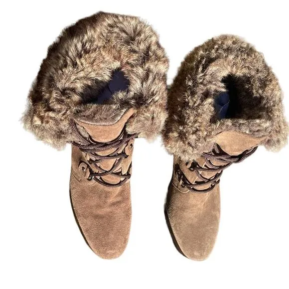 Aquatalia Womens Brown Suede/Faux Fur Waterproof Wedge Boots