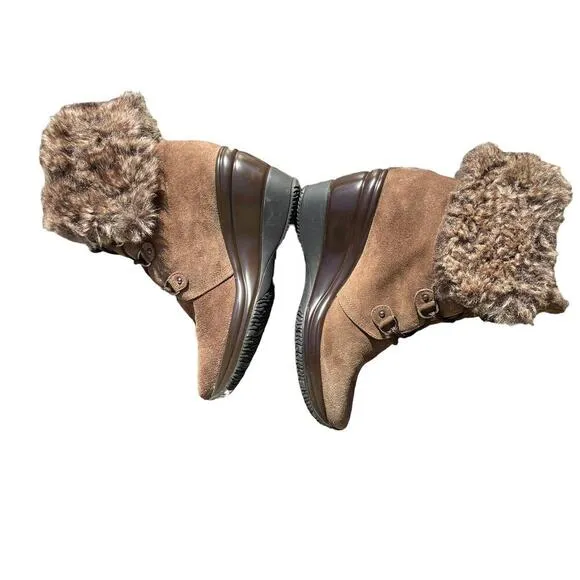 Aquatalia Womens Brown Suede/Faux Fur Waterproof Wedge Boots