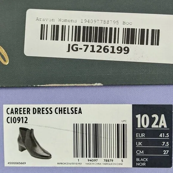 Aravon Career Ankle Boots, Black Leather, Women's 10 Narrow