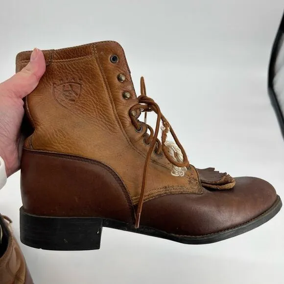 Ariat men’s Heritage Lacer Boots Sz 11.5 Two Tone Brown Leather Western Distress
