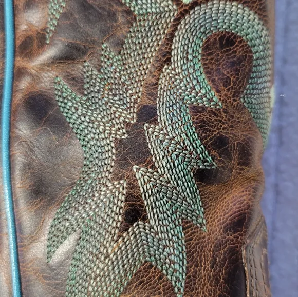 Ariat Tombstone Brown Teal Leather Western Cowgirl Boots Women Size 6 Square Toe