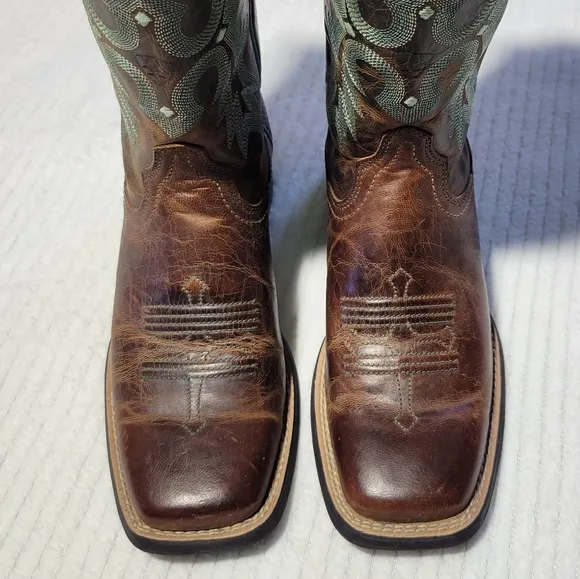 Ariat Tombstone Brown Teal Leather Western Cowgirl Boots Women Size 6 Square Toe