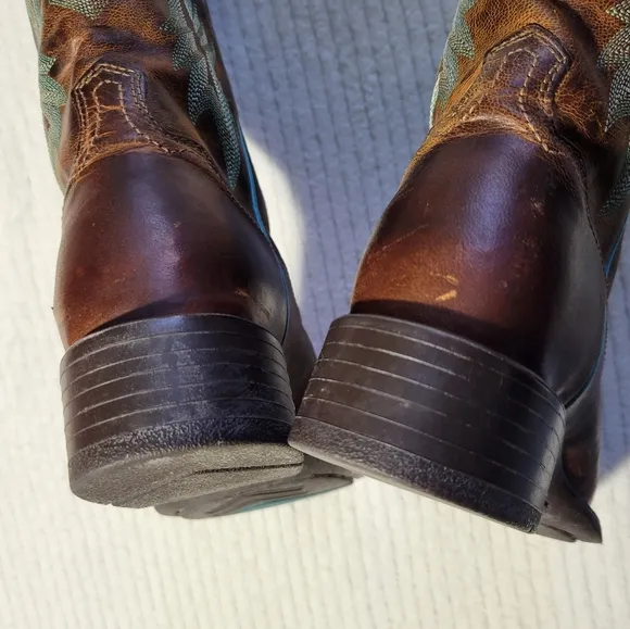 Ariat Tombstone Brown Teal Leather Western Cowgirl Boots Women Size 6 Square Toe
