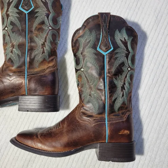 Ariat Tombstone Brown Teal Leather Western Cowgirl Boots Women Size 6 Square Toe