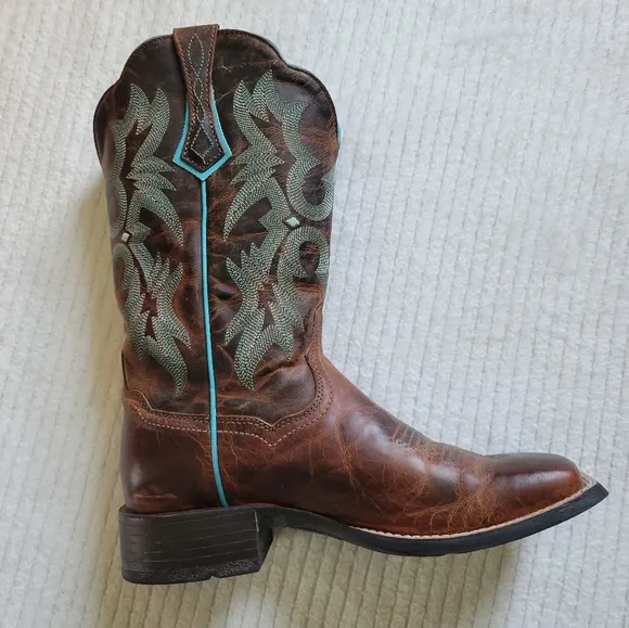 Ariat Tombstone Brown Teal Leather Western Cowgirl Boots Women Size 6 Square Toe