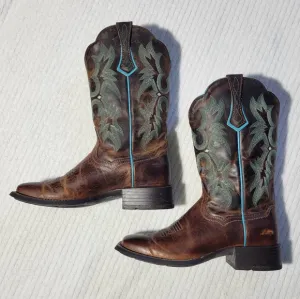 Ariat Tombstone Brown Teal Leather Western Cowgirl Boots Women Size 6 Square Toe