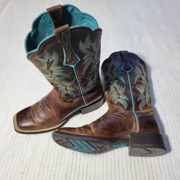 Ariat Tombstone Brown Teal Leather Western Cowgirl Boots Women Size 6 Square Toe