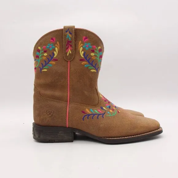Ariat Western Boots Youth 5 Women 6-6.5 Wild Flower Canyon Embroidered Tan Suede