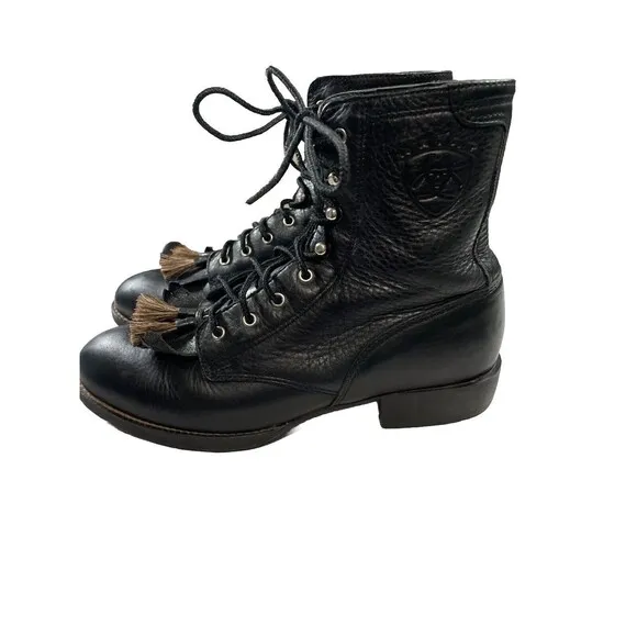 Ariat Women 6 B Lace Up Boots Leather Black Tassel Steampunk Rodeo Roper