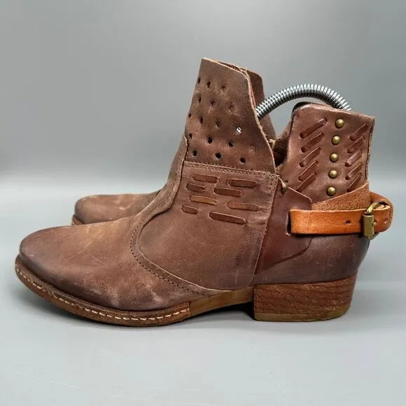A.S 98 Ankle Boots Womens Size 7 EUR 38 Shoe Brown Side Zip Orange Buckle Bootie
