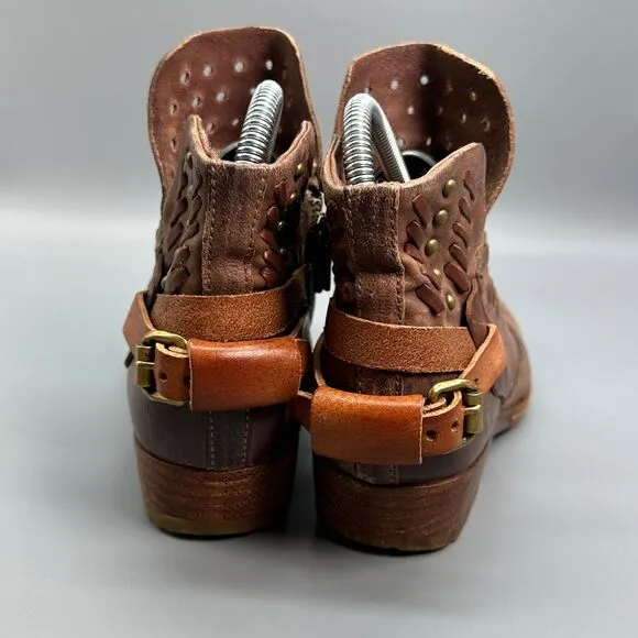 A.S 98 Ankle Boots Womens Size 7 EUR 38 Shoe Brown Side Zip Orange Buckle Bootie