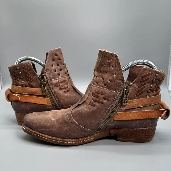 A.S 98 Ankle Boots Womens Size 7 EUR 38 Shoe Brown Side Zip Orange Buckle Bootie