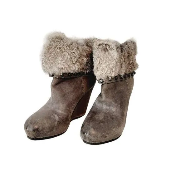 ASH Ankle Boots Women's Sz US 7.5/EU 38 Leather Fur Gray Taupe Wedge Heels Zip