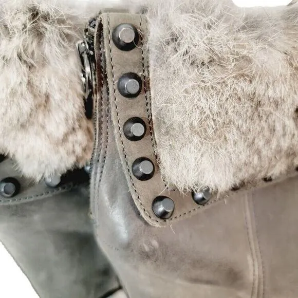 ASH Ankle Boots Women's Sz US 7.5/EU 38 Leather Fur Gray Taupe Wedge Heels Zip
