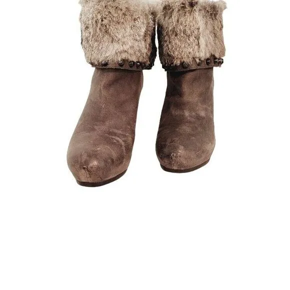 ASH Ankle Boots Women's Sz US 7.5/EU 38 Leather Fur Gray Taupe Wedge Heels Zip