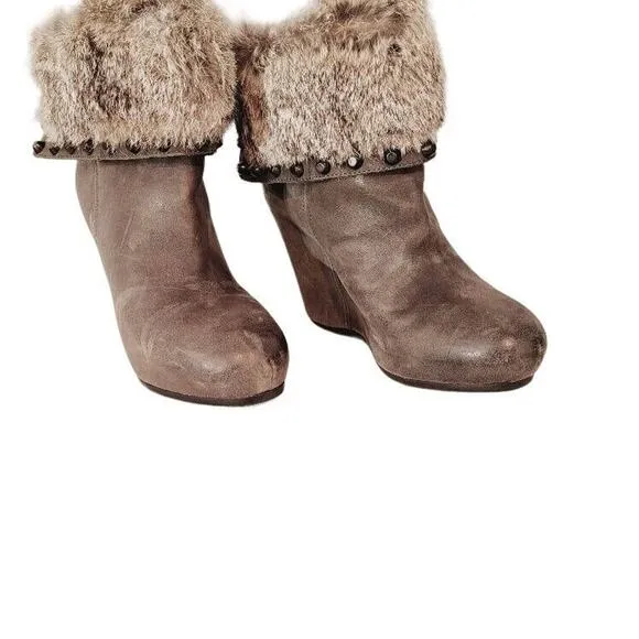 ASH Ankle Boots Women's Sz US 7.5/EU 38 Leather Fur Gray Taupe Wedge Heels Zip