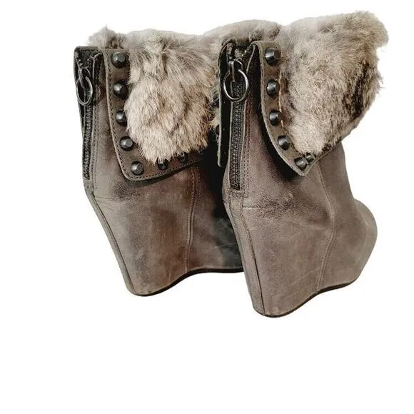 ASH Ankle Boots Women's Sz US 7.5/EU 38 Leather Fur Gray Taupe Wedge Heels Zip