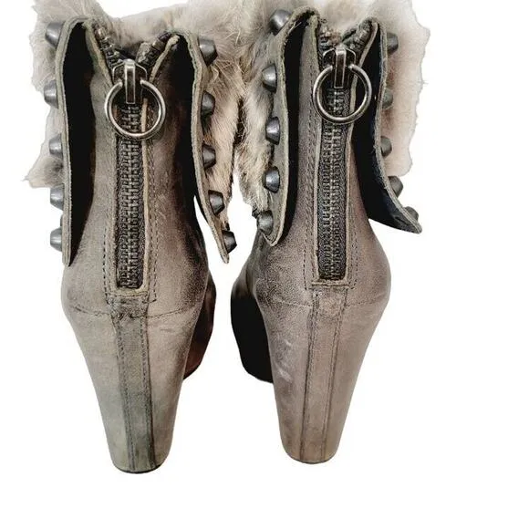 ASH Ankle Boots Women's Sz US 7.5/EU 38 Leather Fur Gray Taupe Wedge Heels Zip