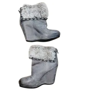 ASH Ankle Boots Women's Sz US 7.5/EU 38 Leather Fur Gray Taupe Wedge Heels Zip