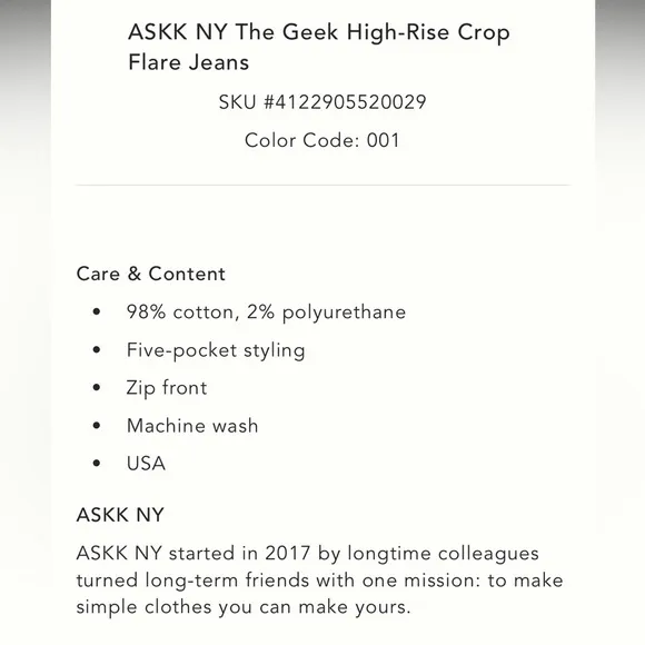 ASKK NY The Geek High Rise Crop Flare Jeans 32 Made in US