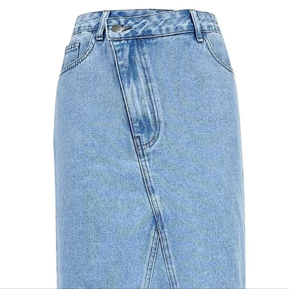 Asymmetrical High-Rise Distressed Cut Denim Frayed Retro Pencil Jean Midi Skirt