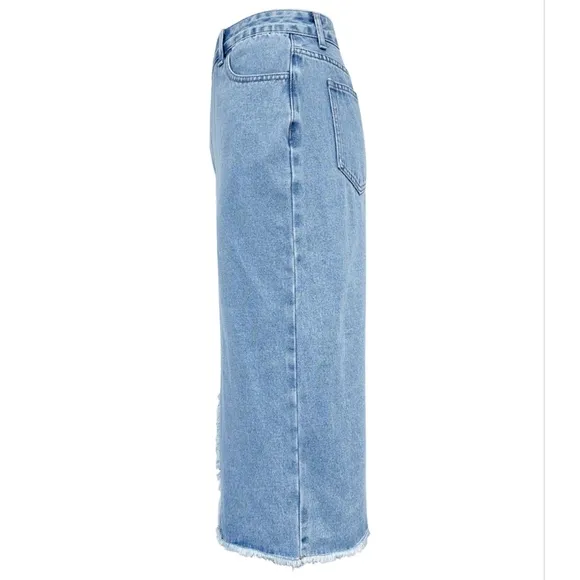 Asymmetrical High-Rise Distressed Cut Denim Frayed Retro Pencil Jean Midi Skirt