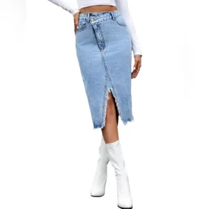Asymmetrical High-Rise Distressed Cut Denim Frayed Retro Pencil Jean Midi Skirt